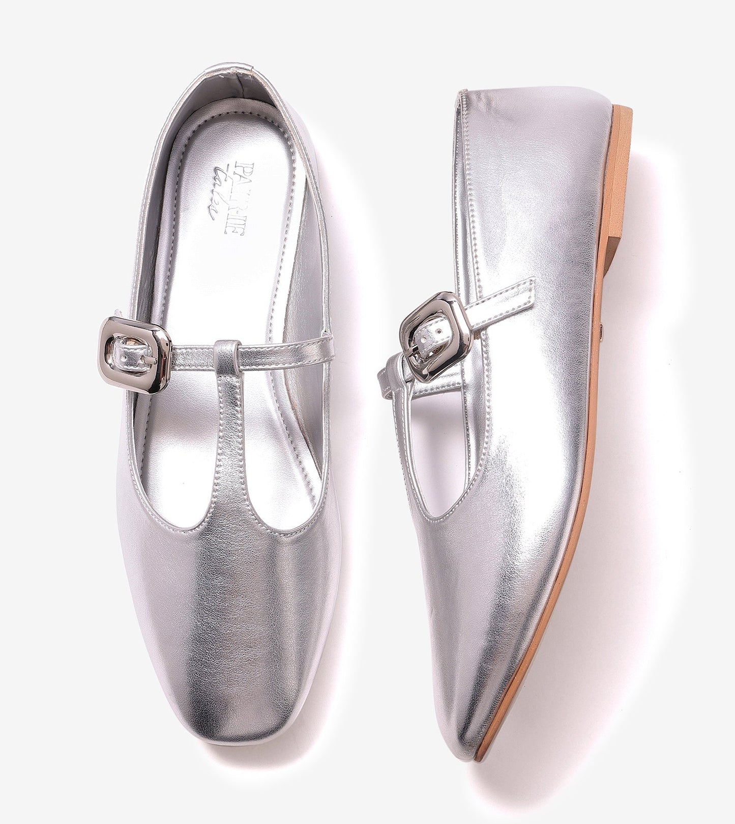 T-Strap Metallic Mary Janes Flats - Silver