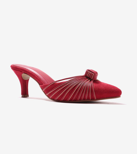 Knotted Pointed Toe Suede Heels - Red