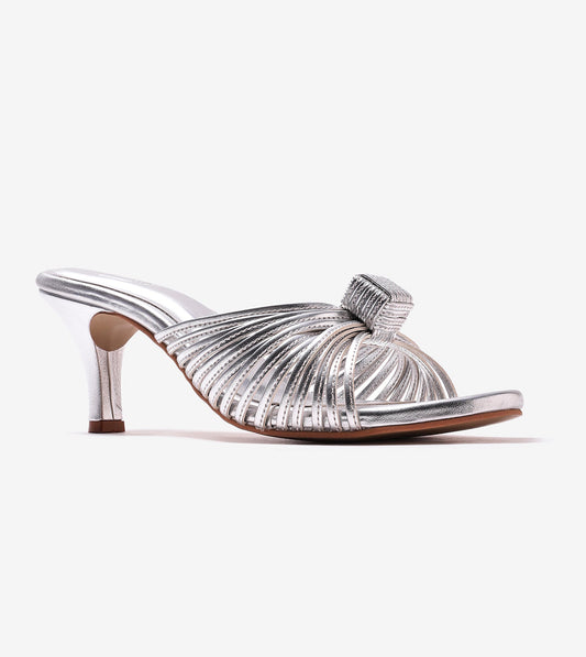 Knotted Strap Stiletto Mule Heels - Silver