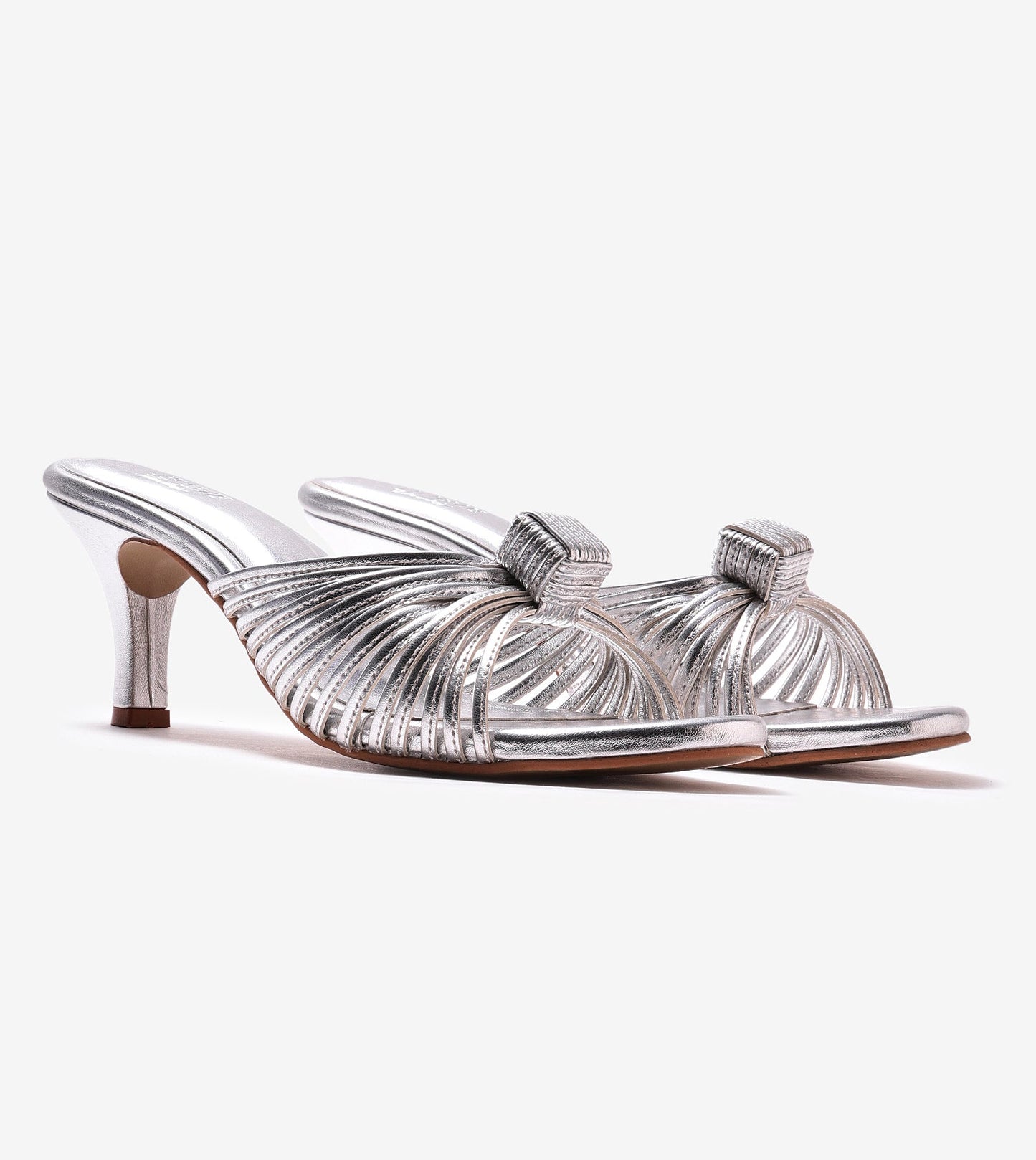 Knotted Strap Stiletto Mule Heels - Silver