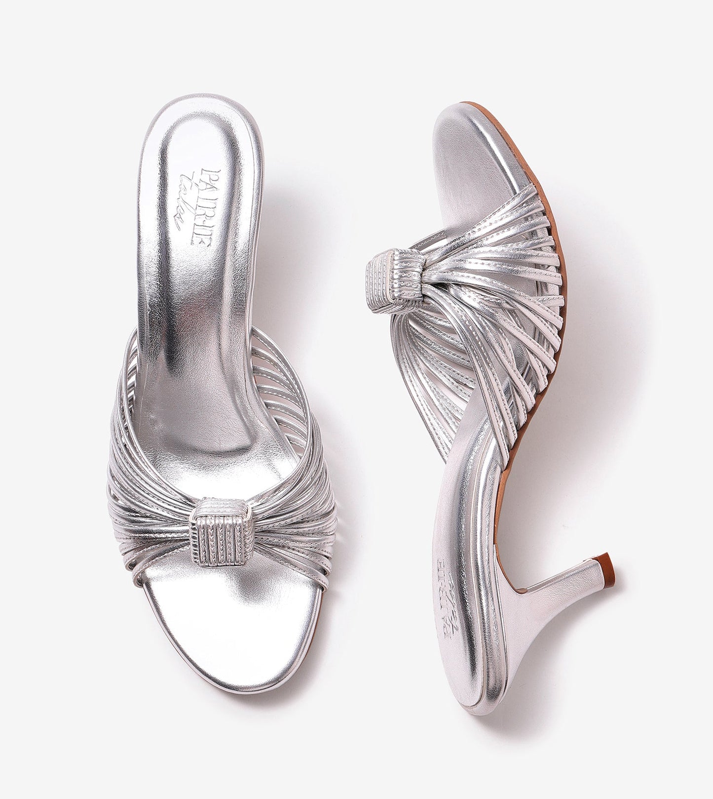 Knotted Strap Stiletto Mule Heels - Silver