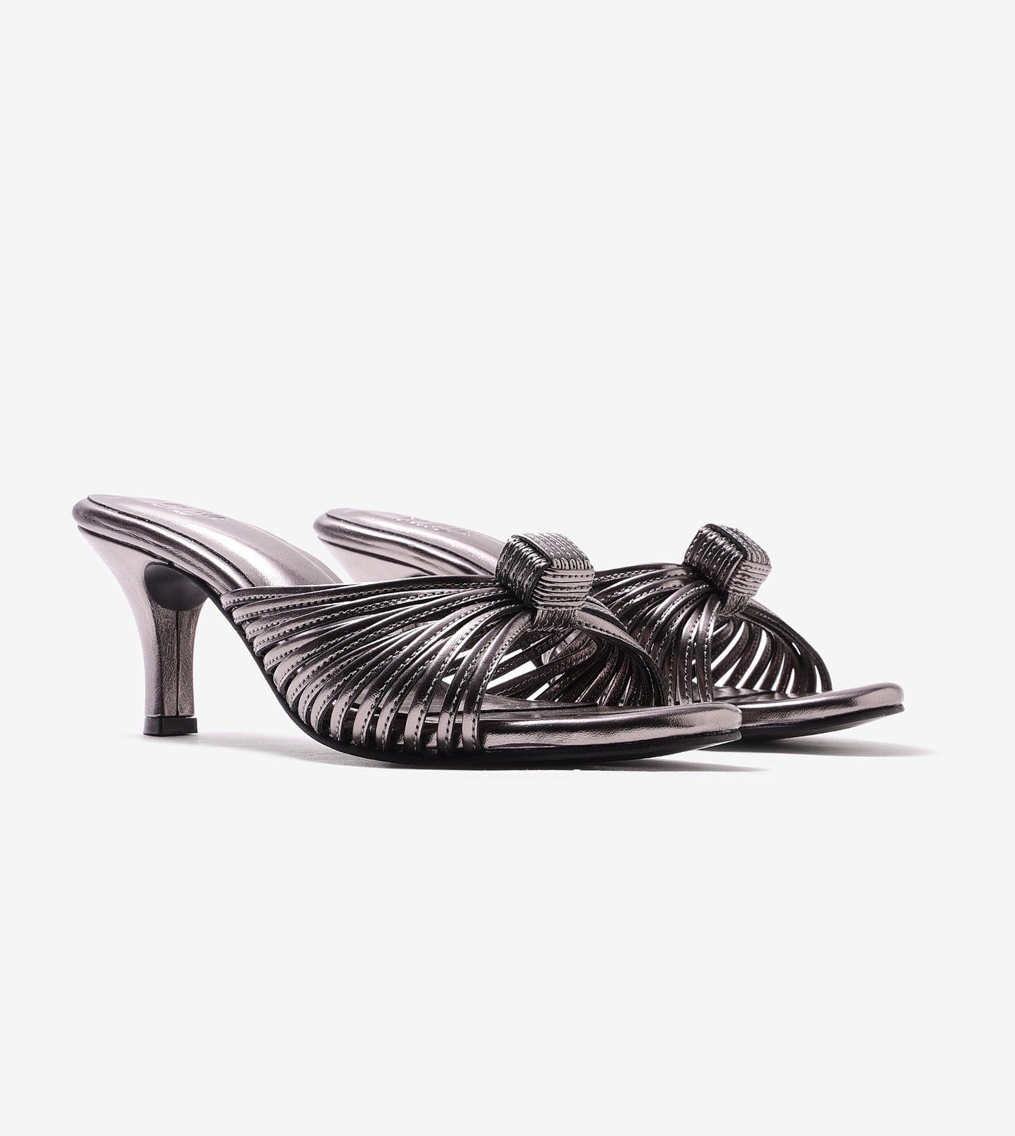 Knotted Strap Stiletto Mule Heels - Gunmetal