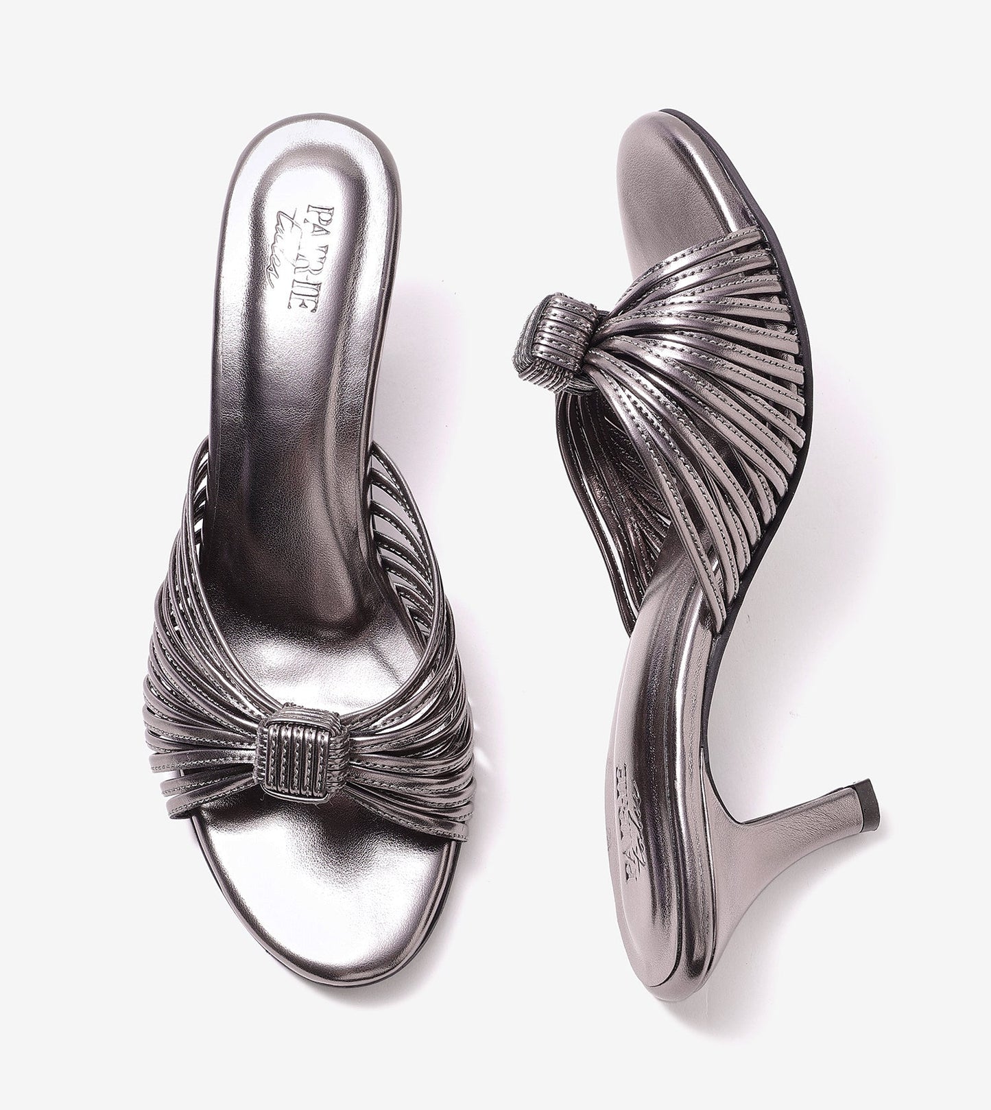 Knotted Strap Stiletto Mule Heels - Gunmetal