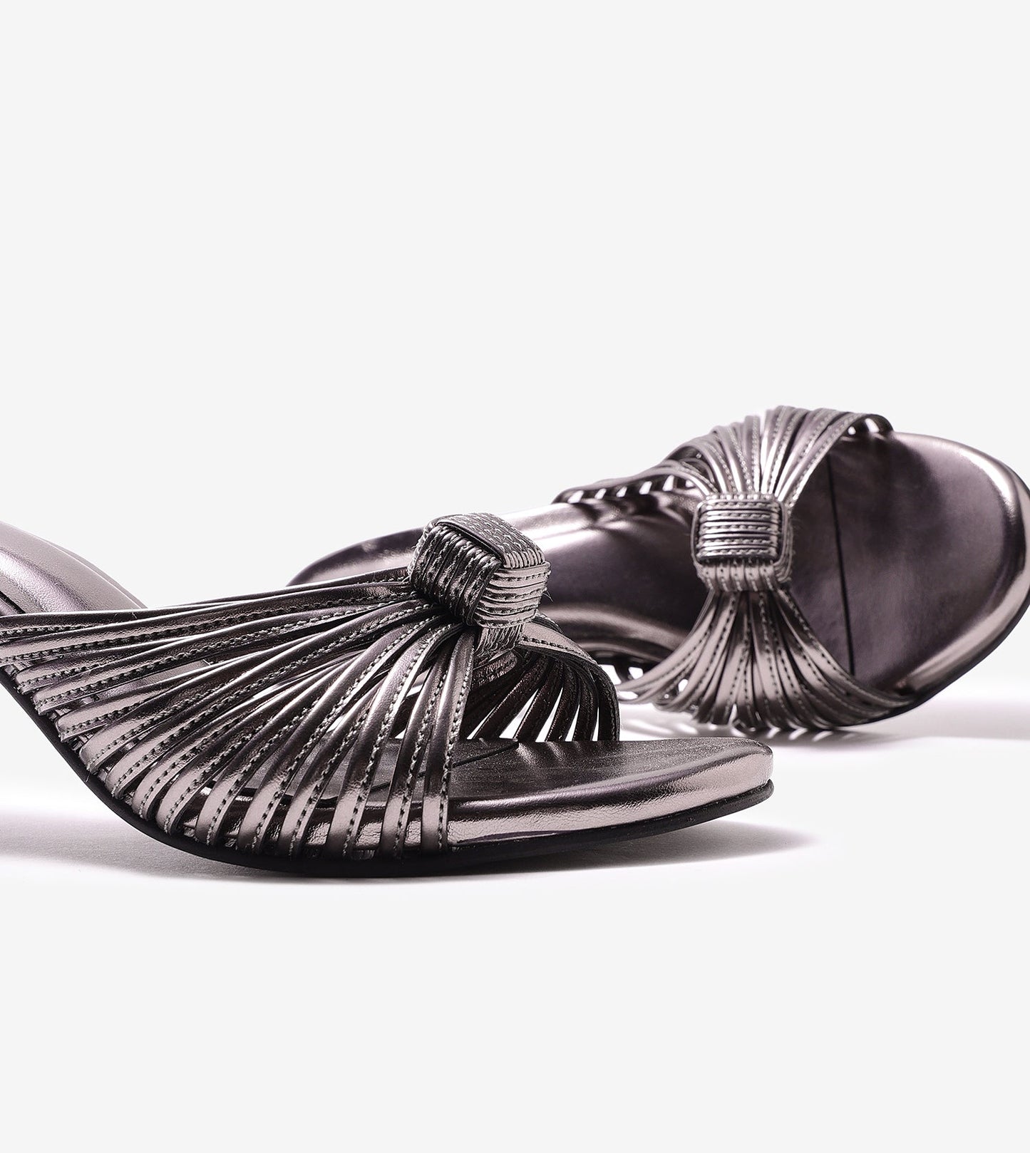 Knotted Strap Stiletto Mule Heels - Gunmetal