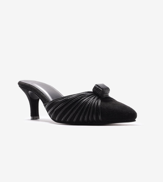 Knotted Pointed Toe Suede Heels - Black