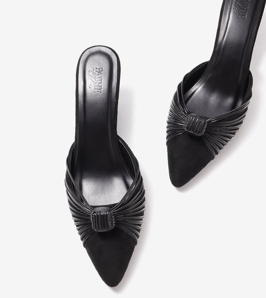 Knotted Pointed Toe Suede Heels - Black