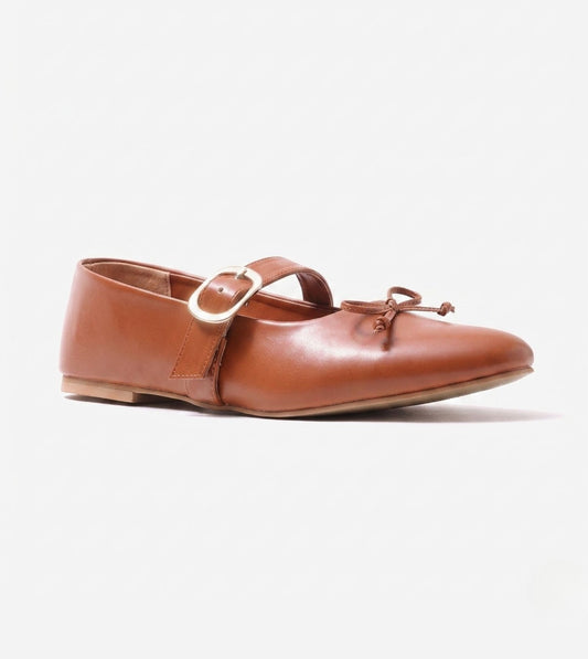 Buckled Mary Janes Ballet Flats - Tan