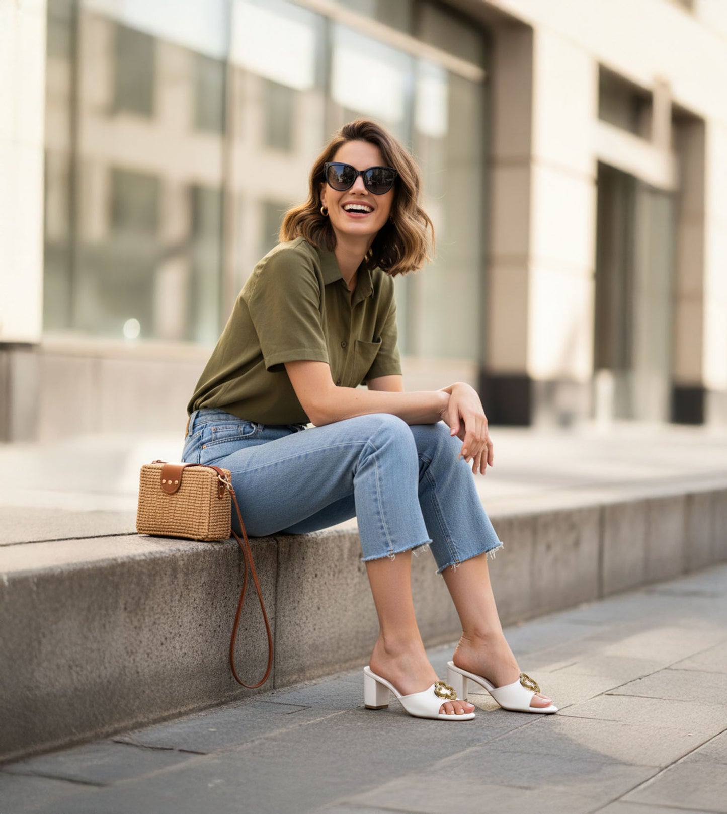 Floral Adornment Block Heeled Sandals - White