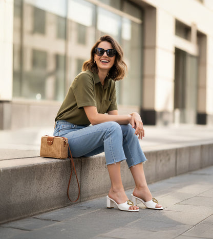 Floral Adornment Block Heeled Sandals - White