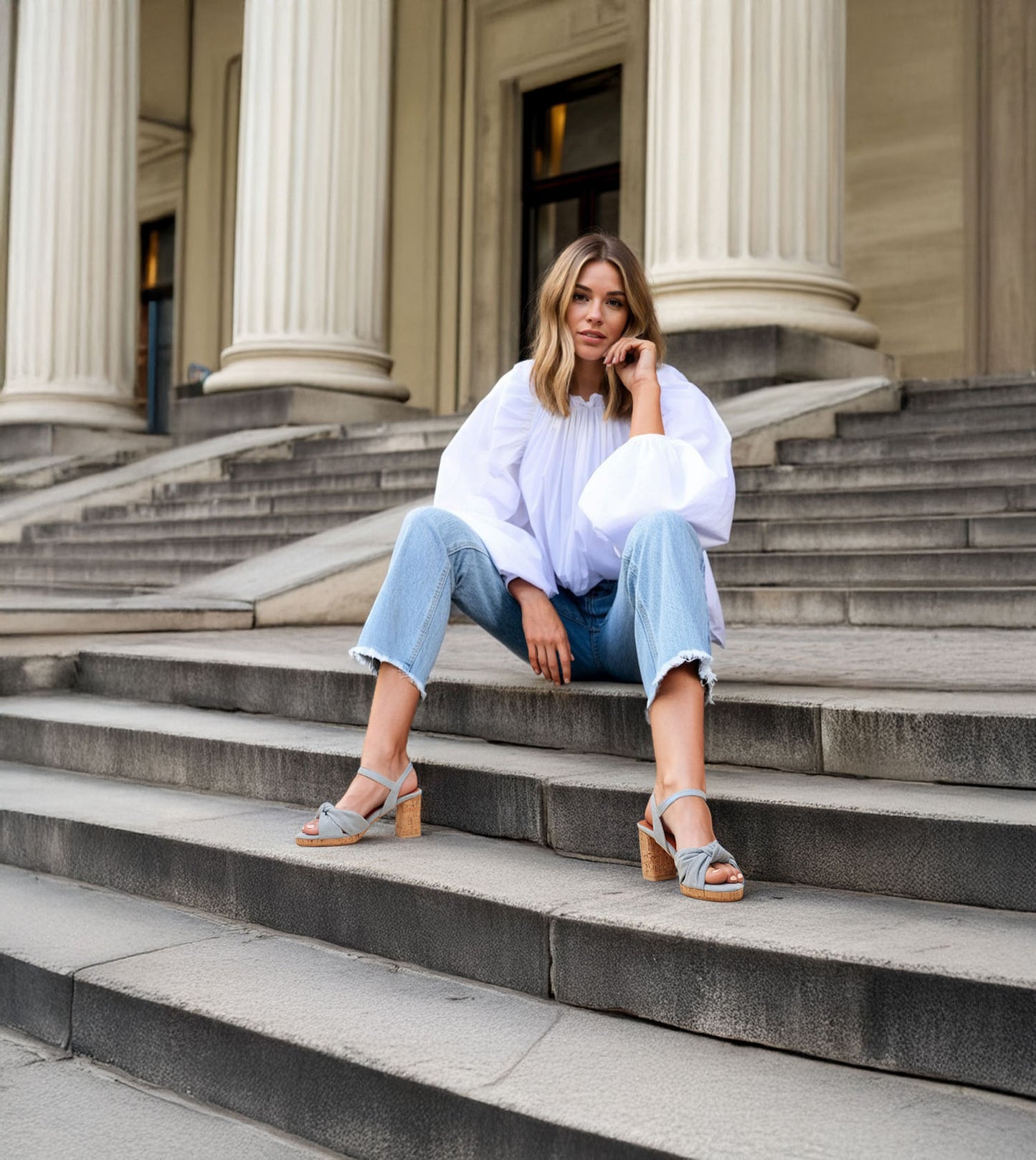 Denim Bow Detail Platform Heeled Sandals - Light Blue