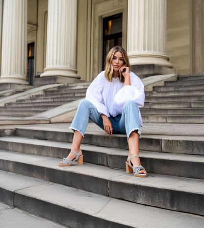 Denim Bow Detail Platform Heeled Sandals - Light Blue