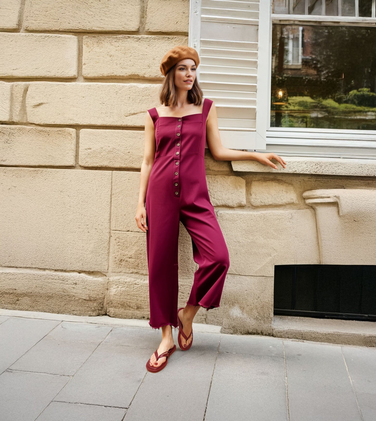 V-Strap Slide Flat Sandals - Maroon