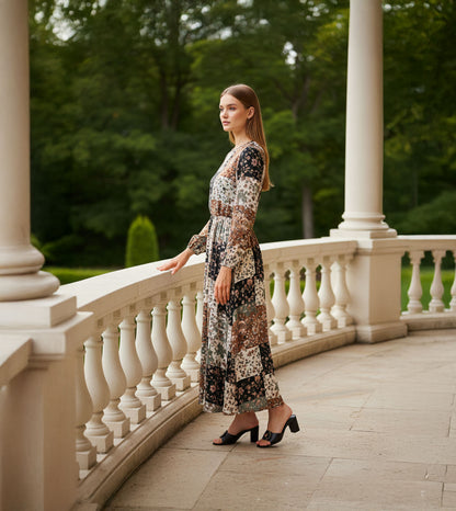 Floral Metallic Adornment Block Heeled Sandals - Black