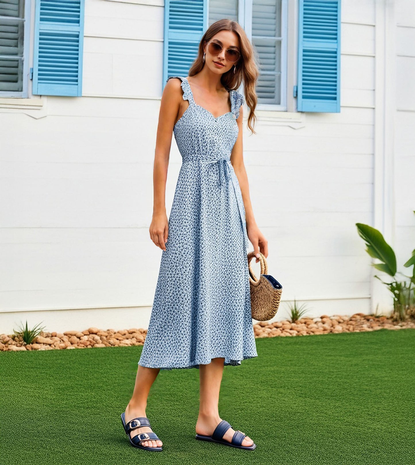 Double Strap Buckled Flat Sandals - Navy Blue