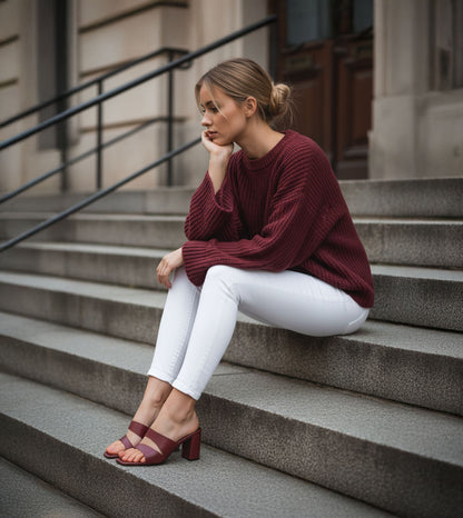 Asymmetric Cutout Block Heeled Slide Sandals - Maroon