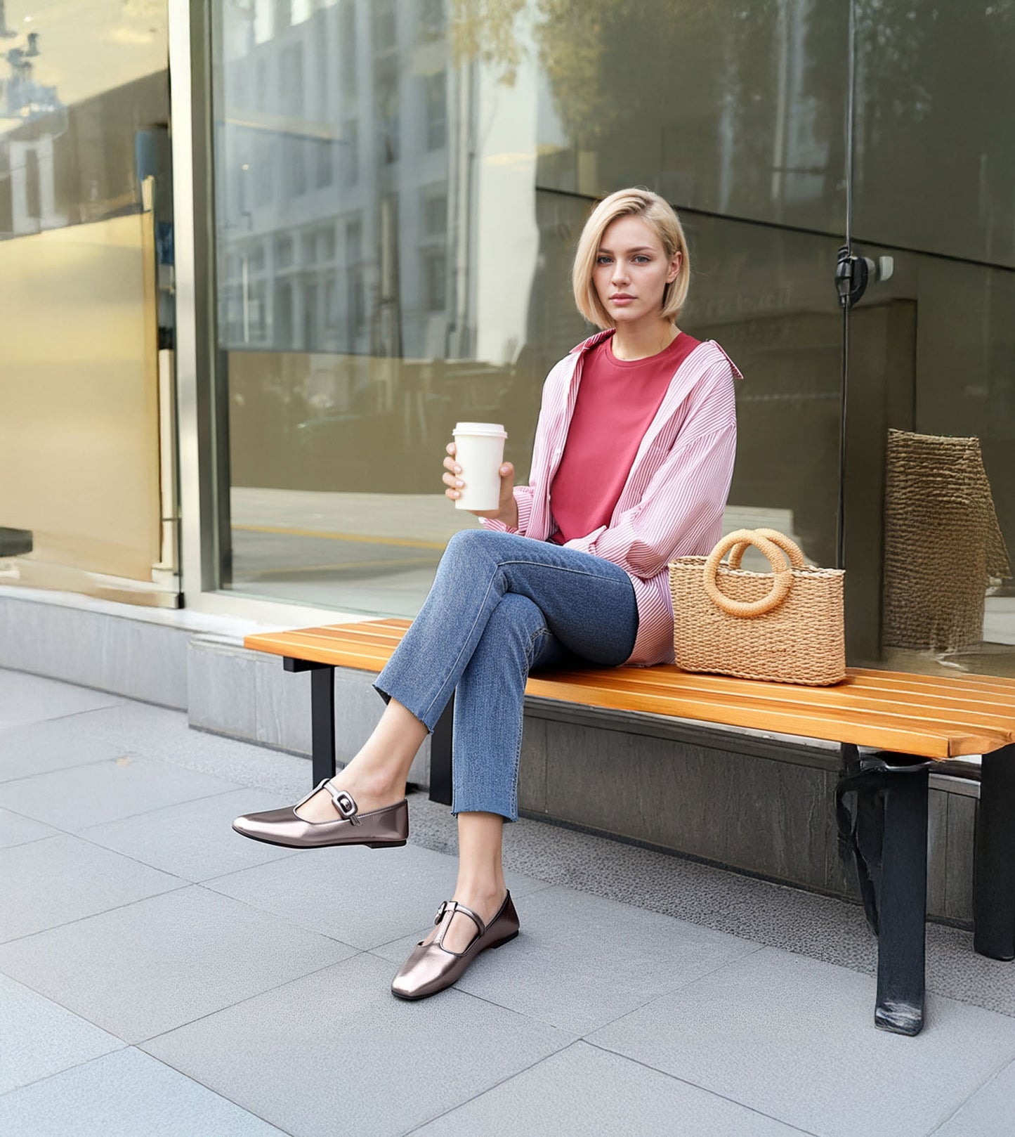 T-Strap Metallic Mary Janes Flats - Gunmetal
