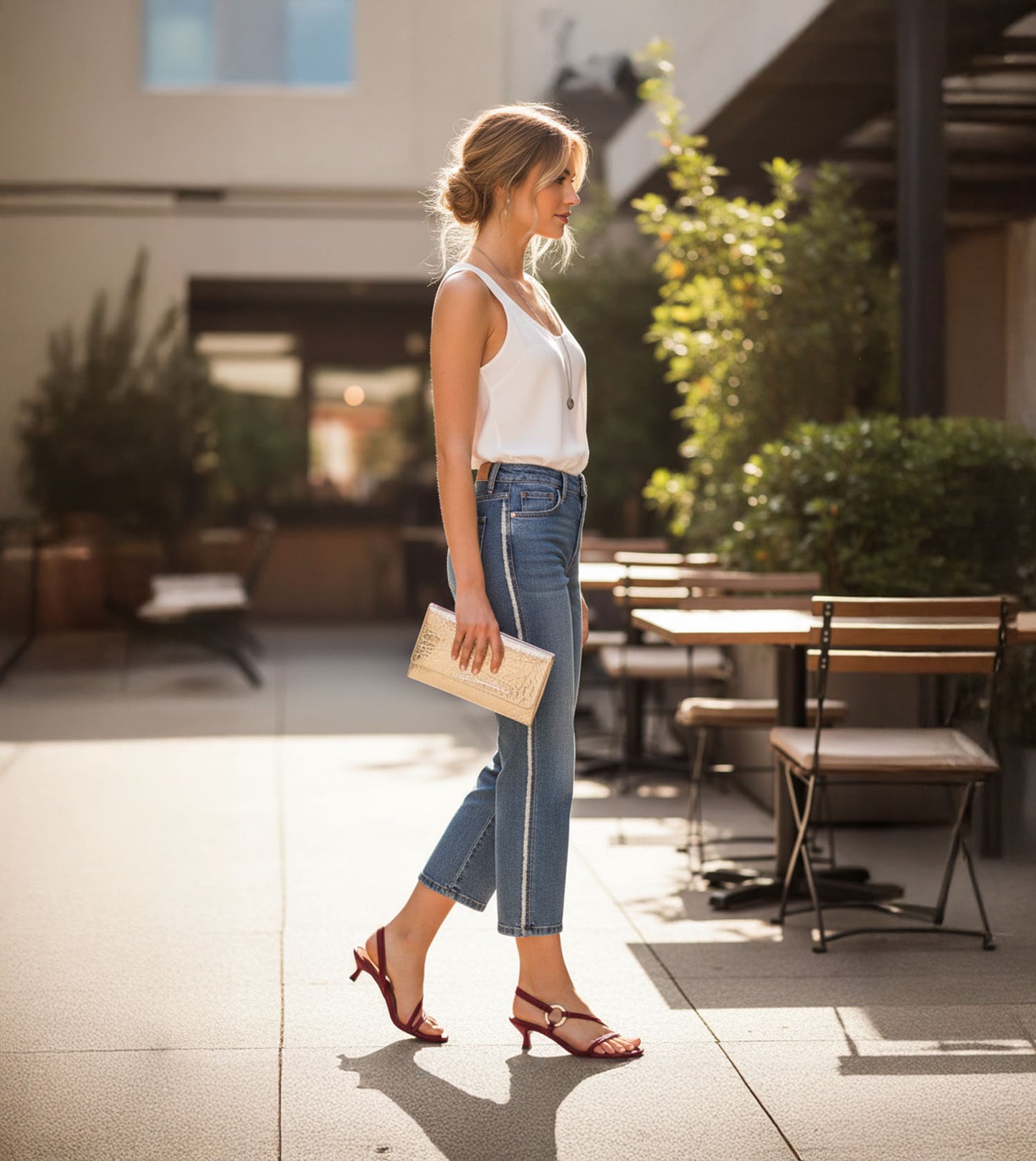 Strappy Kitten Heel With Metallic Adornment  - Cherry