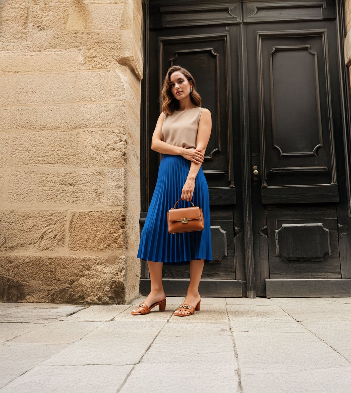 Chain Link Heeled Mules - Tan