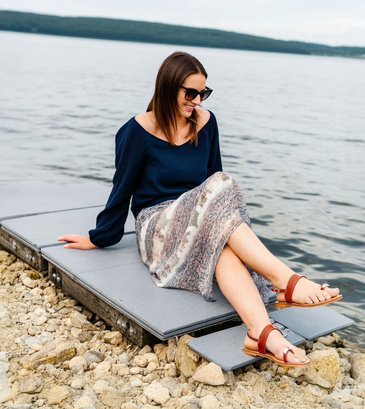 Metallic Accent Toe Ring Flat Sandals - Tan