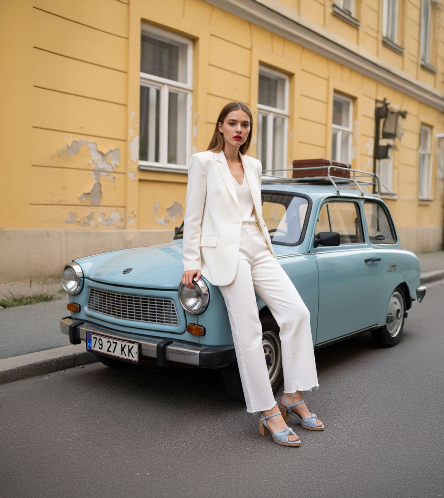 Denim Bow Detail Platform Heeled Sandals - Light Blue