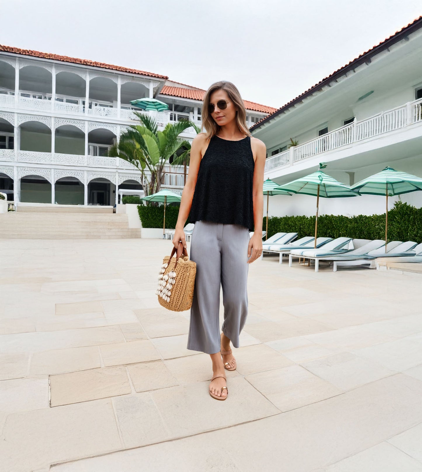 Patent Flat Sandals With Metallic Embellishment - Beige