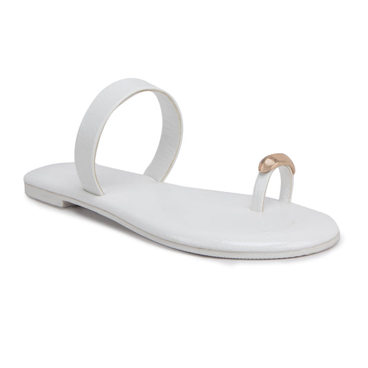 Patent Flat Sandals With Metallic Embellishment - White