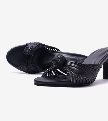 Knotted Strap Stiletto Mule Heels - Black