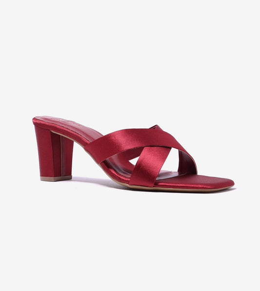 Cross Strap Block Heels - Red