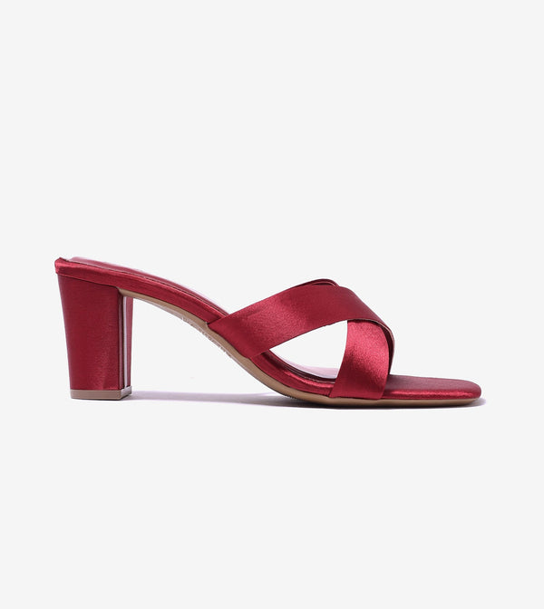 Cross Strap Block Heels - Red