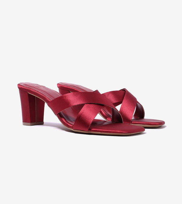 Cross Strap Block Heels - Red