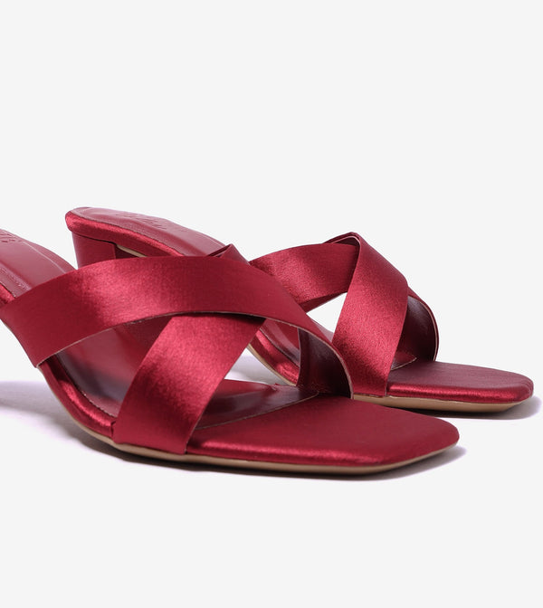 Cross Strap Block Heels - Red