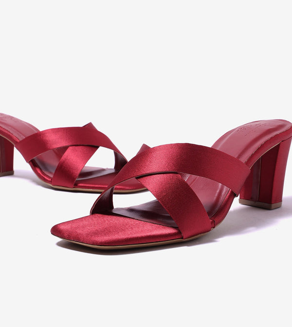 Cross Strap Block Heels - Red