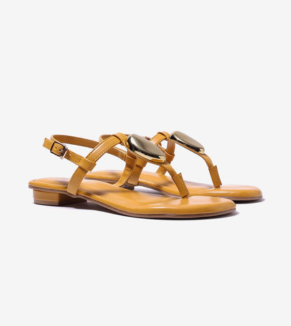 Metallic Accent T-Strap Flats - Mustard Yellow