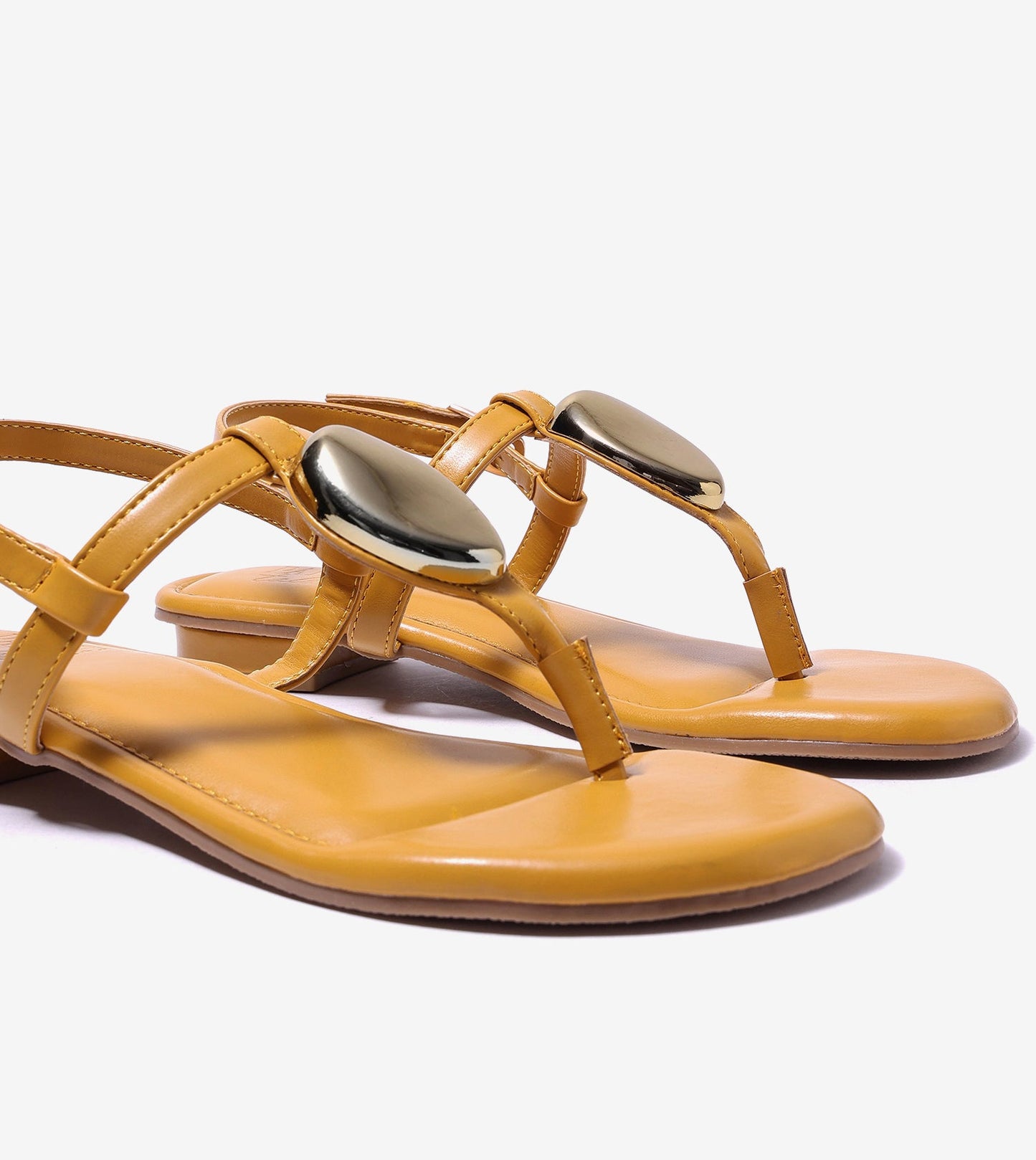 Metallic Accent T-Strap Flats - Mustard Yellow