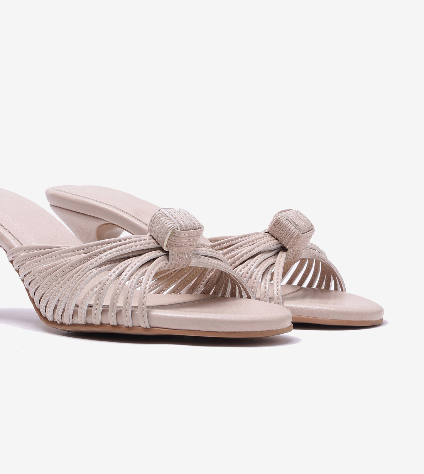 Knotted Strap Stiletto Mule Heels - Cream