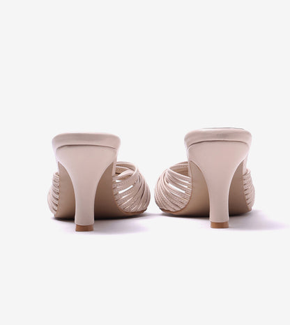 Knotted Strap Stiletto Mule Heels - Cream