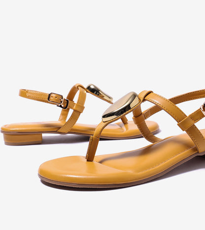 Metallic Accent T-Strap Flats - Mustard Yellow