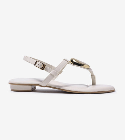 Metallic Accent T-Strap Flats - Beige