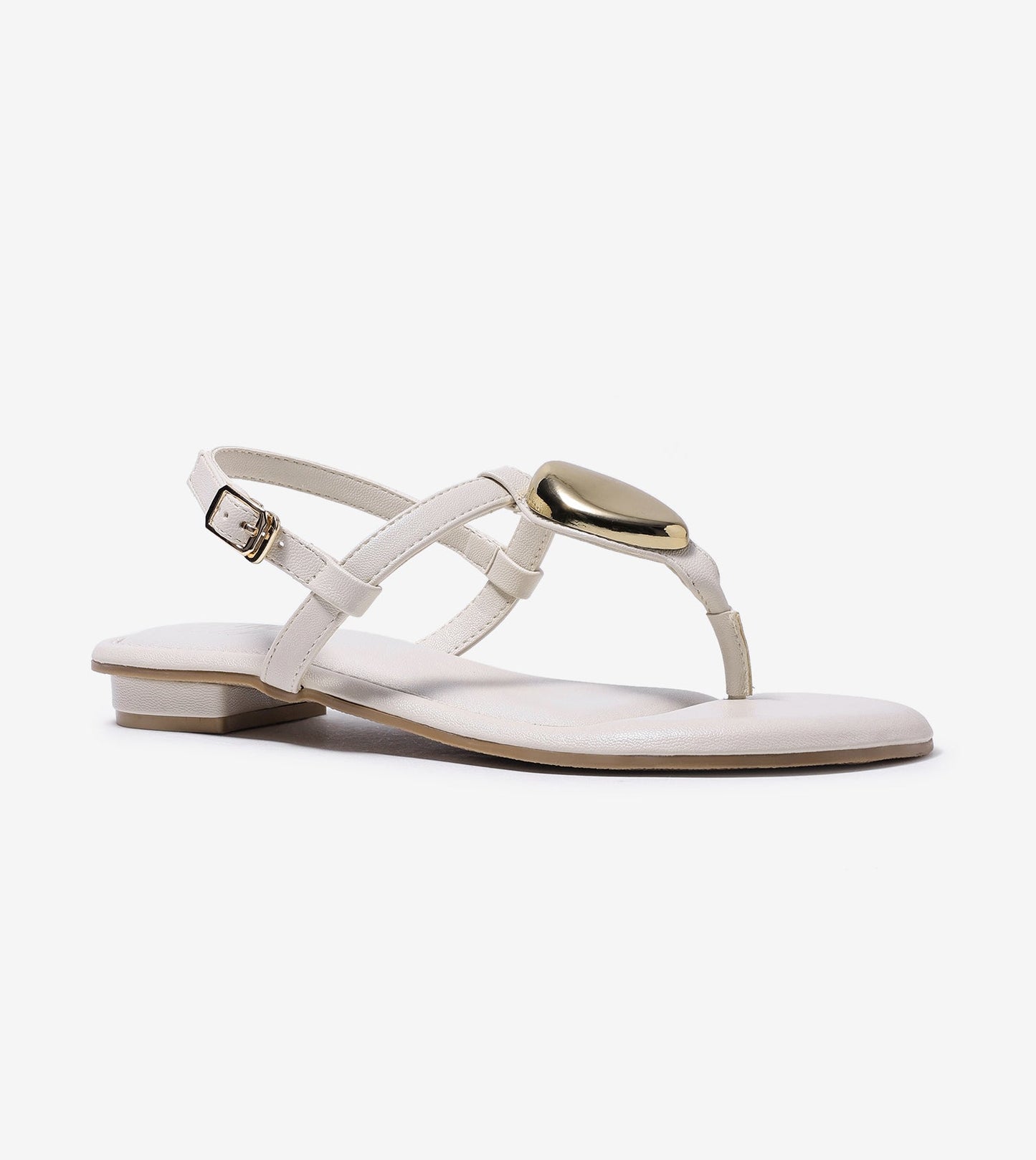 Metallic Accent T-Strap Flats - Beige