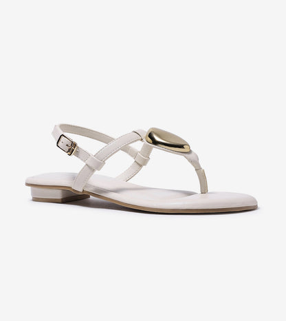 Metallic Accent T-Strap Flats - Beige