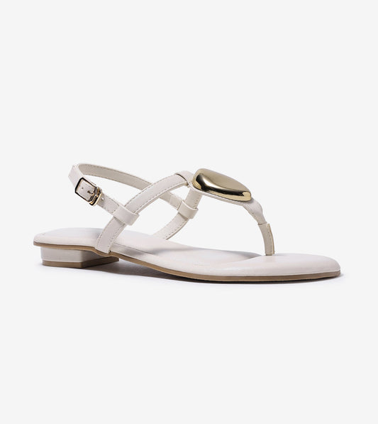 Metallic Accent T-Strap Flats - Beige