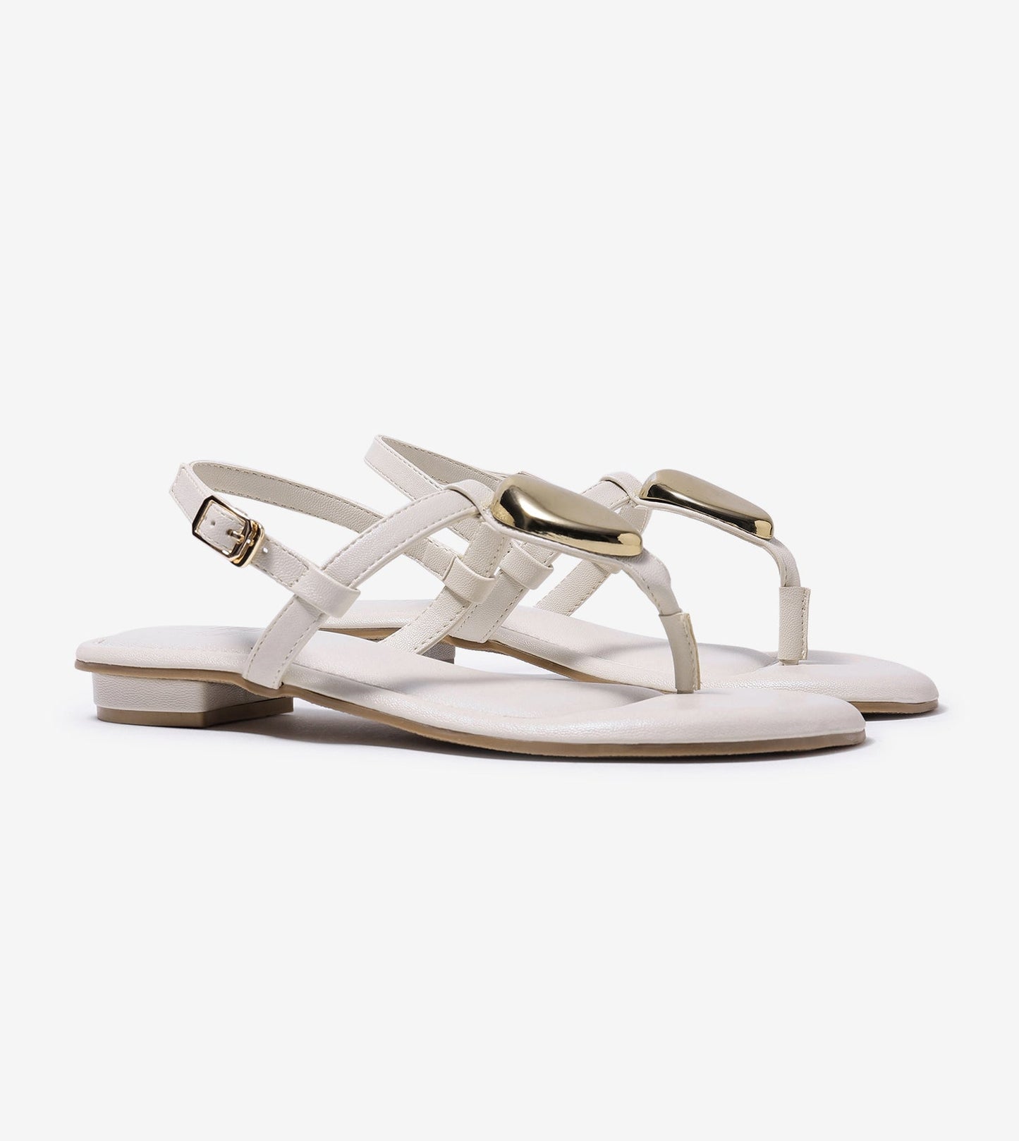 Metallic Accent T-Strap Flats - Beige