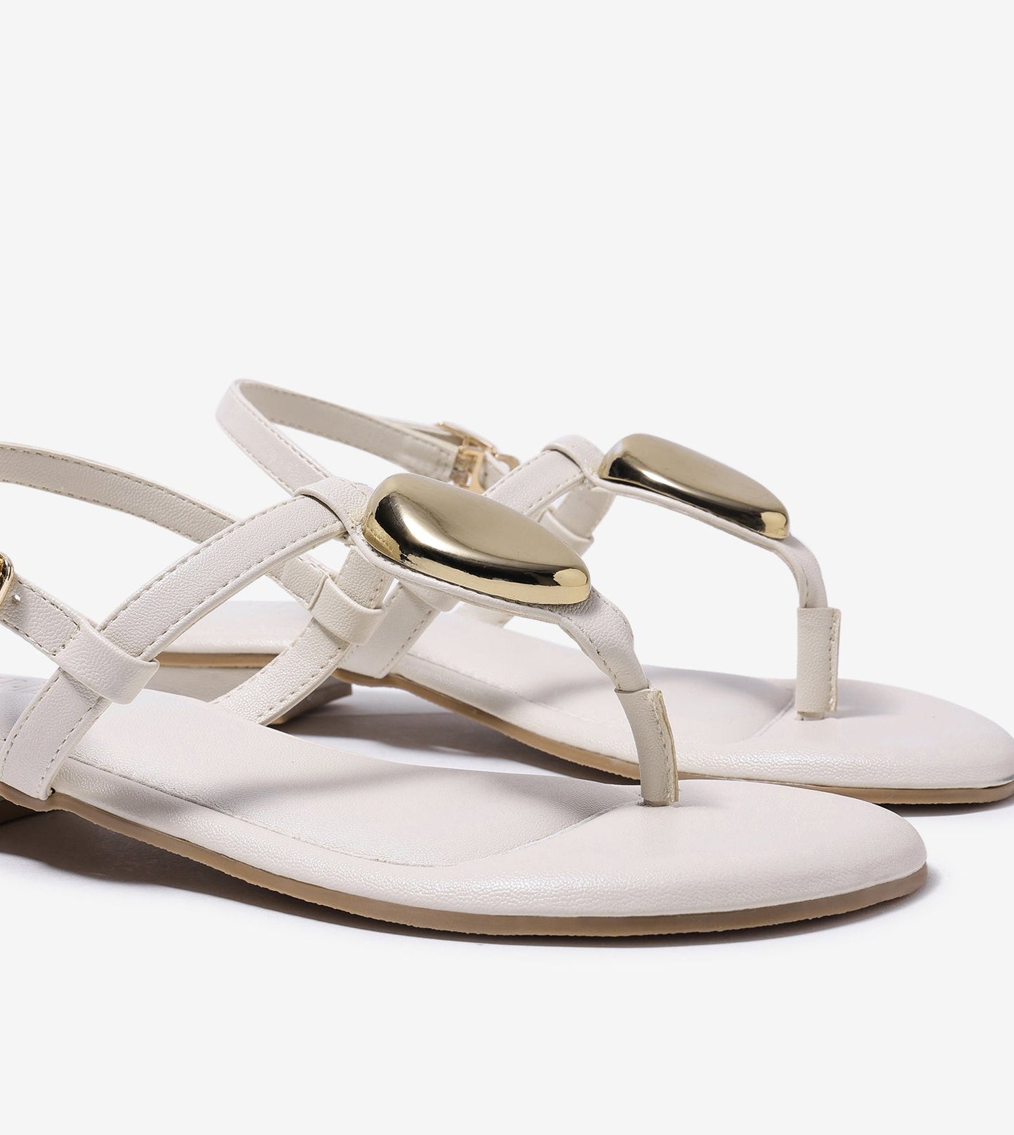 Metallic Accent T-Strap Flats - Beige