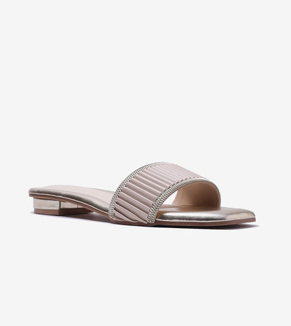 Elegant Pleated Edge Slide Flats - Beige