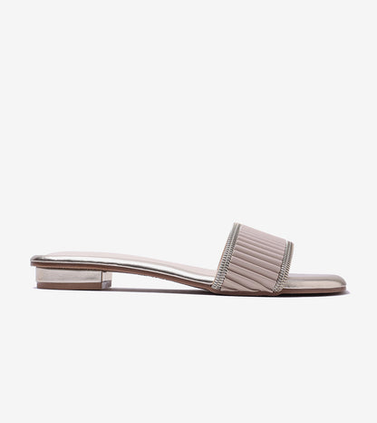 Elegant Pleated Edge Slide Flats - Beige