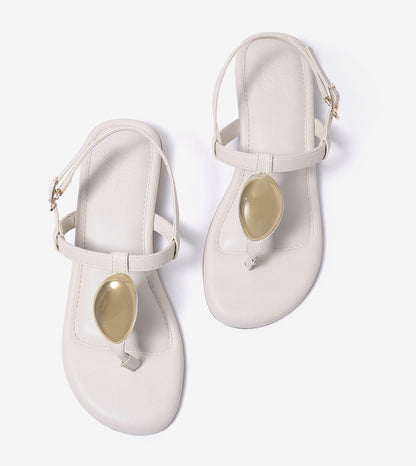 Metallic Accent T-Strap Flats - Beige