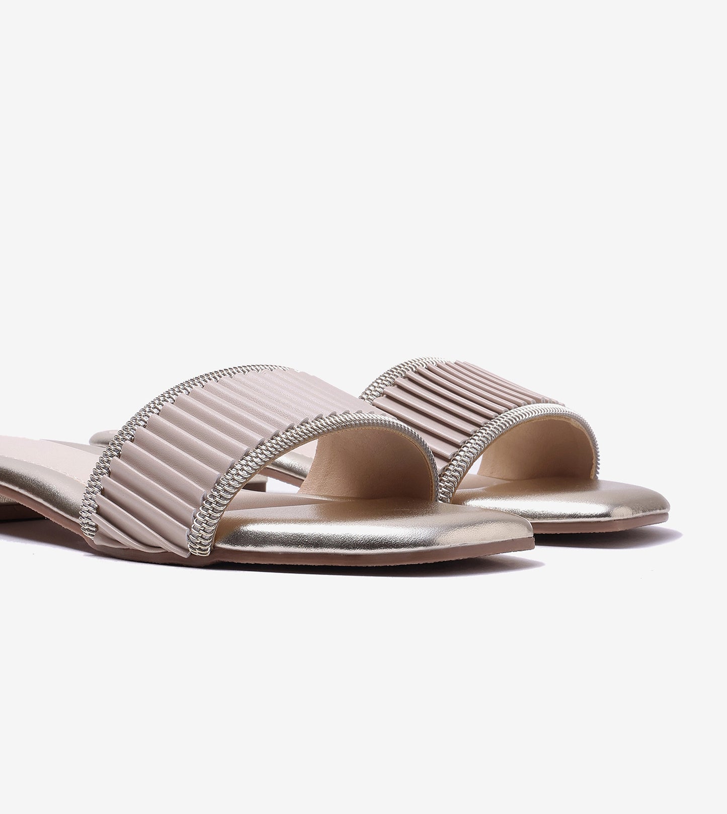 Elegant Pleated Edge Slide Flats - Beige