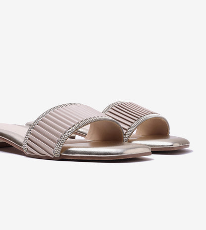 Elegant Pleated Edge Slide Flats - Beige