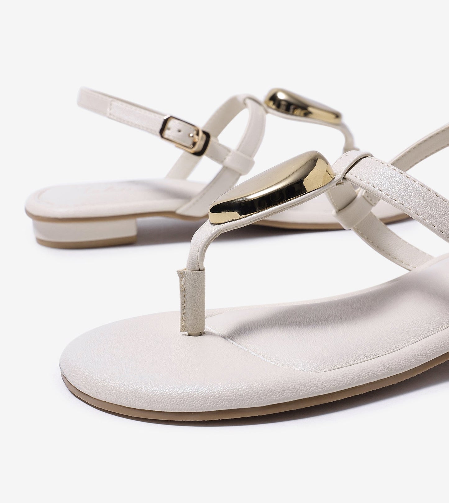 Metallic Accent T-Strap Flats - Beige