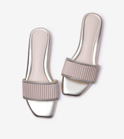 Elegant Pleated Edge Slide Flats - Beige